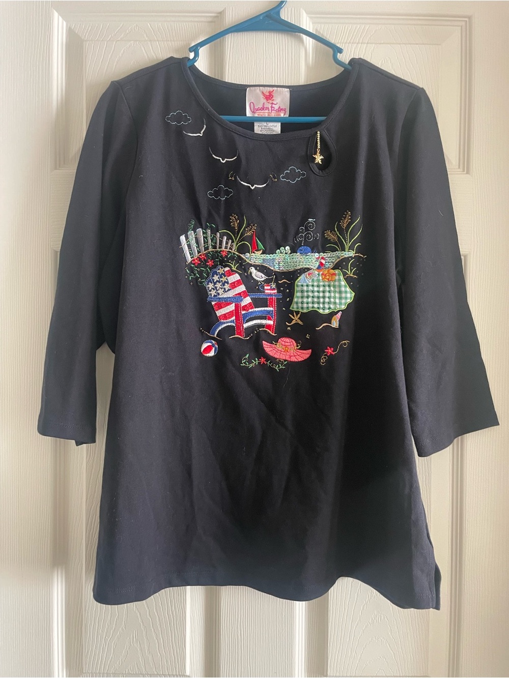 Quacker Factory Black Short-Sleeve Tee with Colorful Embroidered Summer Scene